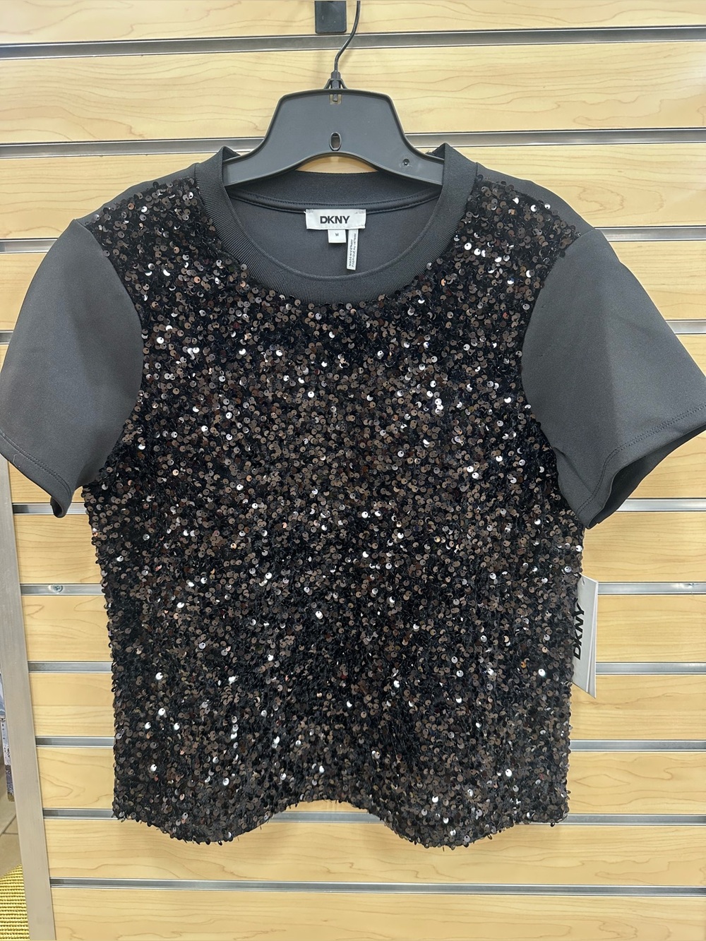 DKNY Black Sequin Front Short Sleeve Top
